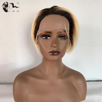 China Pixie Cut Wig Vendor Wholesale Silky Straight Blonde Hair Wig 1b/613 Ombre Wave With Dark Roots Peruvian Virgin Human Hair HD Mink Lace Front Wig for sale