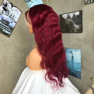 China Dark Body Wave XISHIXIU Hair Root Burgundy Color Lace Wig Body Wave Pre Plucked Indian Virgin Hair Lace Front Wigs for sale