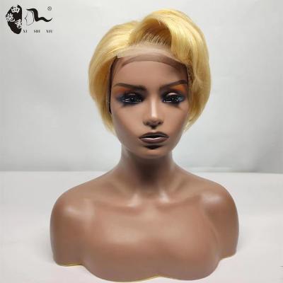 China Hd Piece Front Lace Wig, Hd Lace Wig Virgin Human Hair Cuticle Aligned Raw Blonde Pixie Wig 613 Brazilian Thin Swiss Hair for sale