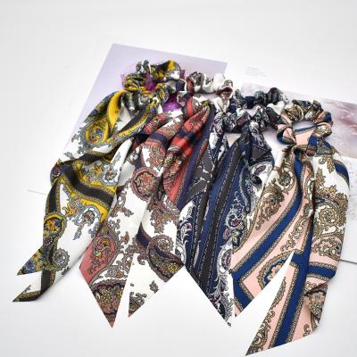 China Popular Rope Flower Printed Silk Headband Elastic Scarf Hair Tie Ribbon Ponytail Hair Tie Hair Band for sale