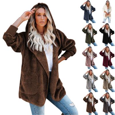 China Anti-Wrinkle Women's Hooded Cardigan Sherpa Soft Fluffy Knit Sweater Winter Casual Coat Open Front With Pockets for sale