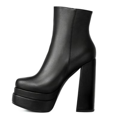 China Sexy Women Black Designer Boots Durable High Heel Platform Chunky Solid Color Black Leather PU Boots for sale