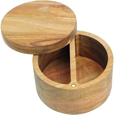 China Handmade Removable Magnetic Acacia Wooden Round Swivel Lid Salt Storage Boxes for sale