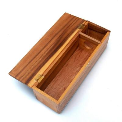 China Handmade Hot Sale Customize Size Hinged Lid Acacia Wood Wine Box for sale