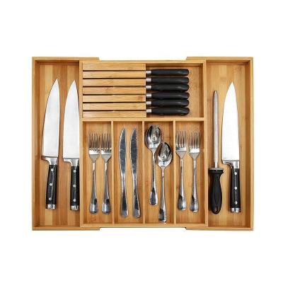 China Handmade Kitchen Use Organizer Drawer Silverware Expandable Bamboo Cutlery Tray with Divider for sale