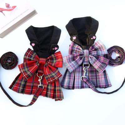 China New Design Viable Dog Plaid Dog Dress Puppy Skirt with Leash Bowknot Dog Plaid Dress Puppy Harness and Leash Set for sale