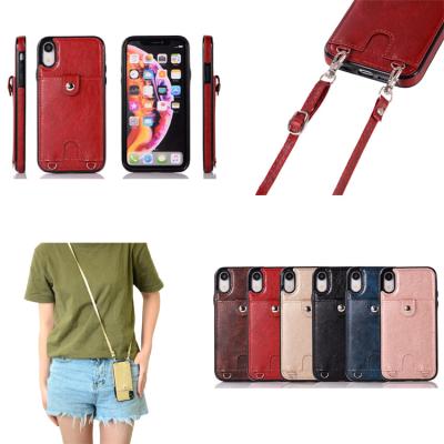 China Anti-fall Shoulder Strap Card Slots Collar PU Back Cover Wallet Leather Phone Case For iPhone 11 for sale