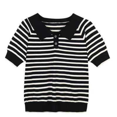 China High Quality Anti-pilling Macting Women's Striped Casual Short Sleeve Polo Shirt Simple Fashion for sale