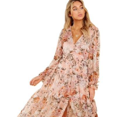 China 2022 New Macting Anti-wrinkle Fashion Floral Print Deep V-Neckline Drape Maxi Chiffon Beach Bohemian Dresses Casual Elegant Dress for sale