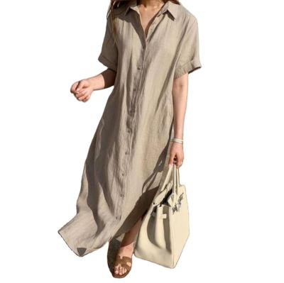 China Macting Breathable Casual Short Sleeve Dress With Belt Lapel Collar Elegant Women Loosen Button Up Linen Shirt Dress for sale