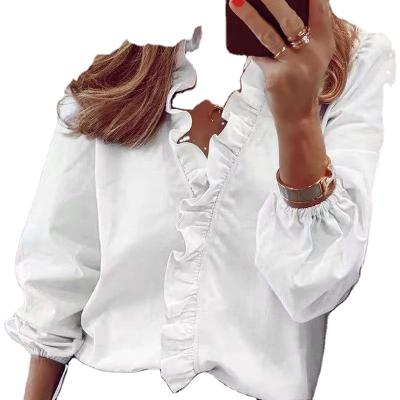 China Women Ruffles Spring Macting Anti-pilling White Blouses Shirt V-Neck Long Sleeve Elegant Casual Loose Female Tunic For Wome for sale