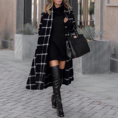 China Viable zari fashion new long elegant hooded plaid the pocket woolen coat long dress lady coat for sale