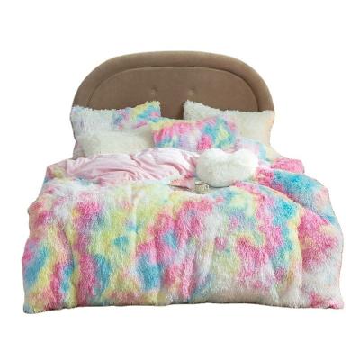 China 100% Fashion Warm Cozy Cozy Polyester Fleece Long Hair Rainbow Fluffy Blanket for sale