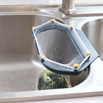 China Drain Hanging Foods Kitchen Food Scraps Waste Filter Corner Sink Strainer Drain Rack With Hanging Net for sale