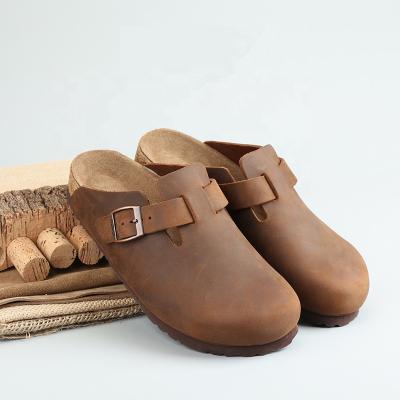 China Anti-Smell Clogs Cork Grain Thick Genuine Full Cowhide Leather Slippers Outdoor Slides Closed Toe For Men for sale