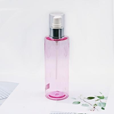 China Eco-friendly 200ml PET Plastic Pink Flat Round Cylinder Shoulder Press Body Lotion Cosmetic Pump Bottle for sale