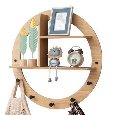 China Organizer and Living Room Porch Decorative Round Wall Mounts Bamboo Hanging Floating Clothes Coat Decorative Rack Bedroom Storage Rack with Hooks for sale