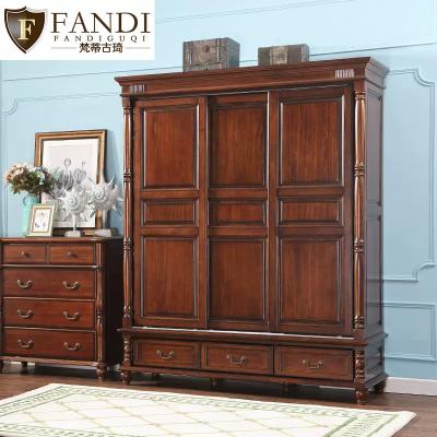 China Contemporary high quality American country style solid wood sliding wardrobe with 3 doors for small spaces, bedroom cabinet furniture for sale