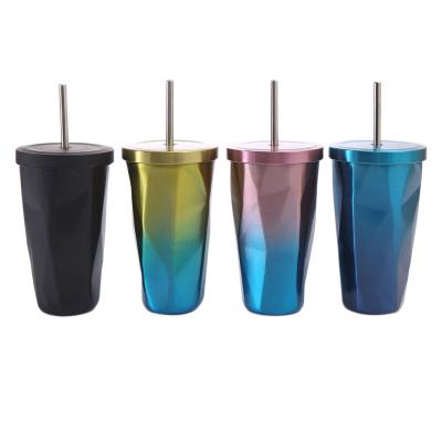 China Home And Office Coffee Mug 304 Stainless Steel Diamond Gradient Ice Bar Eco-Friendly Sustainable Drinking Mug With Straw And Lid for sale