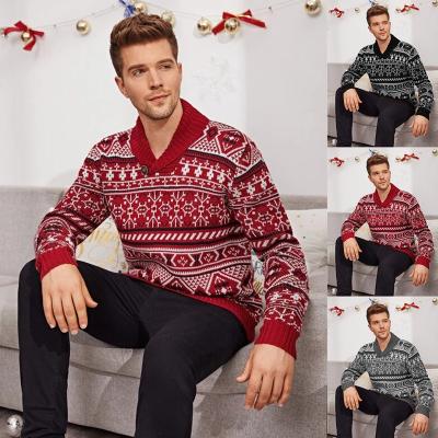 China Anti-pilling 2021 new winter elk knit Christmas sweater collar Christmas pattern sweater lapel Christmas sweater for men for sale