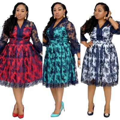 China Viable African Style Plus Size V Neckline Flared Sleeves With Swing Mesh Print Elegant Dress Women Office Wear Big Dress Ladies Ladies for sale