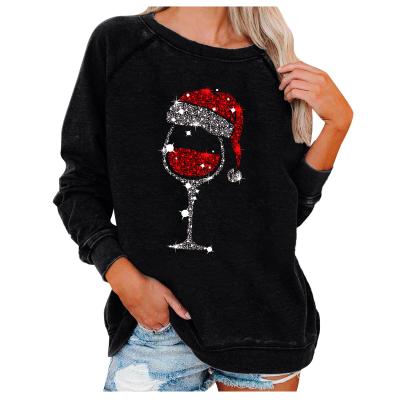 China 2021 New Design Womens Christmas Wine Red Print Sweater Glass Women Sweatshirt Breathable Hoodies Loose Pullover Sweater Female for sale