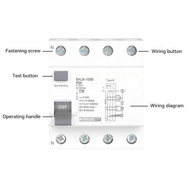 China B Evse 4Poles DC Earth Leakage Circuit Breakers RCCB 40a 63a 100a 30ma EKL6-100B 10KA Din Circuit Breaker RCD Rail Type 220V for sale