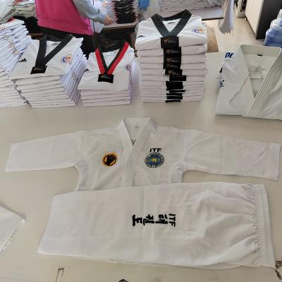 China Spandex / Cotton Wholesale ITF uniform Sample free shipping pine tree martial arts white collar ITF taekwondo dobok sparring uniform for sale