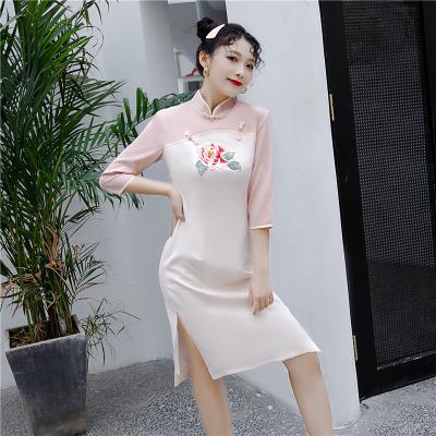 China Small Cheongsam spring and modified version of the autumn long sleeves of the medium pink women's short skirt fashion sleeve dress youth customized size for sale