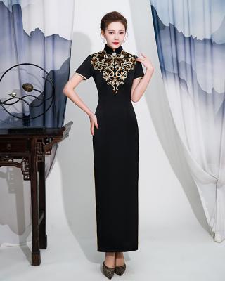 China High-end Retro Cheongsam Retro Long Dress Temperament Black Exposure Modified Sleeve Customized Size for sale