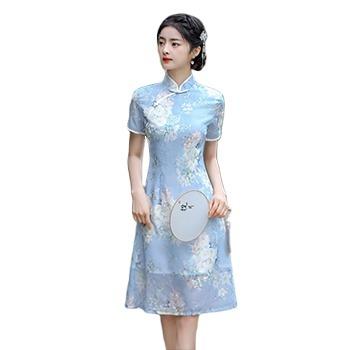 China Women Cheongsam Dress Summer Elegant Ladies Beach Fairy Dresses Retro Straight Stand Collar Cheongsam Dress for sale