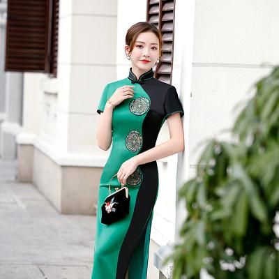 China Modified Cheongsam Long Show Runway Table Dress High End Performance Dress Female Slit Embroidery Stage Customized Size for sale