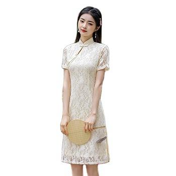 China Fashionable High Neck Temperament Qipao Short Sleeves Gather Waist Slimming Dress Women's Sexy Sweet Lace Qipao Customized Size for sale