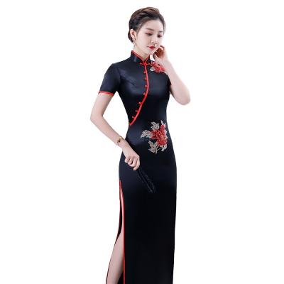 China Women's Summer Cheongsam Black High End Noble New Sexy Ladies Embroidered Cheongsam Customized Size for sale