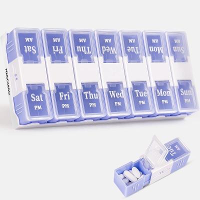 China Food Grade PP Weekly Pill Box 7 Day For Travel Day And Night Pill Case AM P.M. Medicine Organizer With 14 Grids Custom Logo for sale