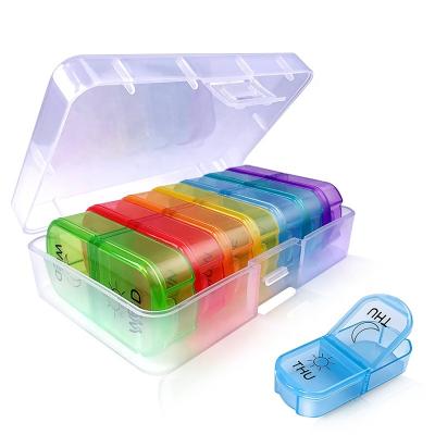 China Portable Pill Case BPA Free 14 Compartments Portable Weekly Pill Case Custom Pill Storage Case for sale