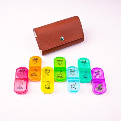 China Eco-friendly Weekly Leather Pill Organizer Two Times A Day 7 Day Pill Organizer PP Pill Storage Case Weekly Leather Pill Box for sale