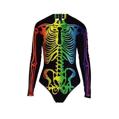 China 2022 Viable New Products Halloween Carnival Colorful Skeleton Printing Women's Tight Gym Clothes Long Sleeve Swimwear Women for sale