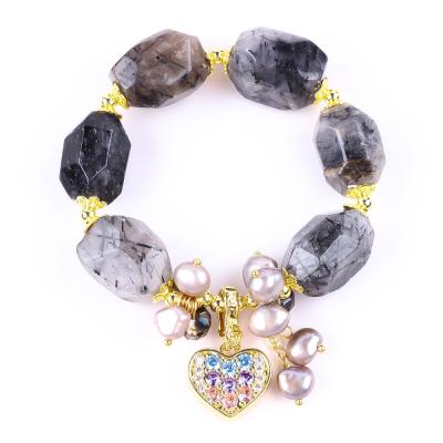 China Pulseira de pedra preciosa feita à mão Charm ajustável preto Rutilato Quartz Pulseira de pedra natural Joias de pérola para uso diário à venda