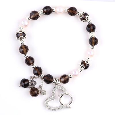 China Natural Smoky Quartz And White Pearl Reiki Healing Elastic Heart Charm Stretch Bracelet for sale