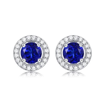 China Blauw 925 Sterling zilver Zircon ronde edelsteen stud oorbellen voor het geven van cadeautjes Te koop