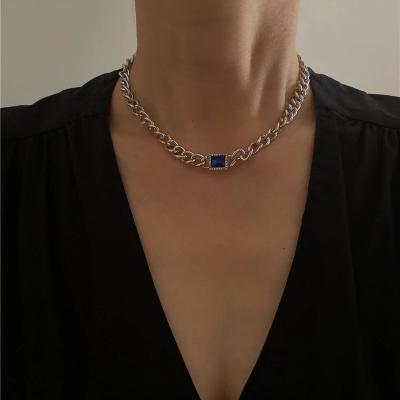 China Newest Vintage Gold Silver Chunky Chain Square Stone Necklaces Red Blue Gemstone Choker Necklace Lead Free Nickel Free Restriction Link for sale