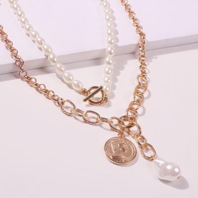 China Lead and Nickel Plated Link Chain Ot Clasp Pearl Necklace Double Layer Free Gold Plated Round Coin Round Pearl Pendant Necklace for sale