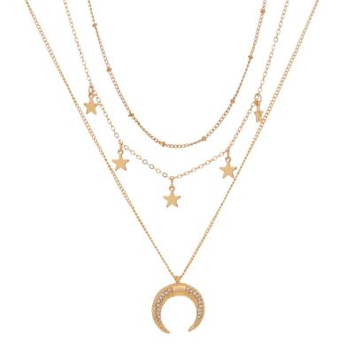 China Crystal Moon And Stars Layered Women's Long Chain Necklace Multi TRENDY Punk Gold Pendant Necklace for sale