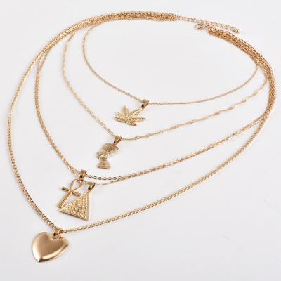 China European Fashion Hotsale Cross Egypt Necklace Gold Plating Maple Leaf Multi Layered Heart Pendant Necklace Lead Free Nickel Free for sale