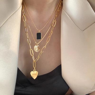 China Minimalist 4pcs/set Women Black Square Portrait Multi Layered Necklaces Love Chain Paperclip Necklaces Lead Free Nickel Free Heart for sale