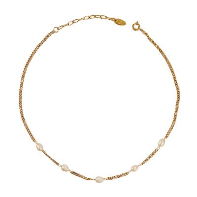 China New Arrival Lead Free Nickel Free Genuine Gold Plated Link Chain Short Choker Necklace Delicate Natural Pearl Beads Necklace for sale