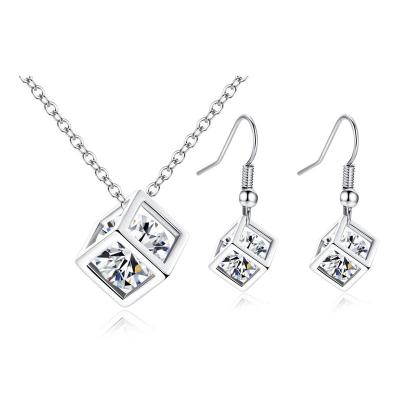 China TRENDY Simple Rubik's Zircon Copper Earring Necklace Jewelry Set For Women And Girls for sale