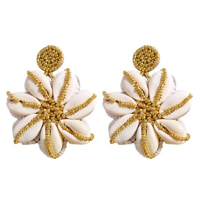 China Natural BOHEMIA Summer Boho Sea Shell Earrings Handmade Knitted Seed Pearl Flower Earrings for sale