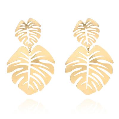 China BOHEMIA 2020 Summer New Fashion Bohemian Color Large Monstera Leaf Earrings Hollow Out Double Palm Leaf Earrings for sale